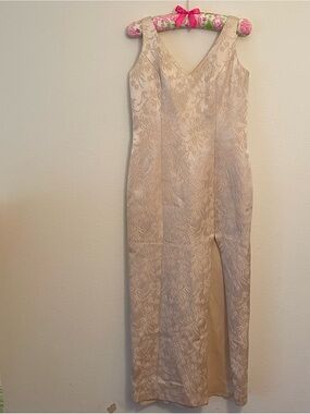 Vntg Metallic Brocade Evening Gown Champagne High Slit Size M Madmen Glamour